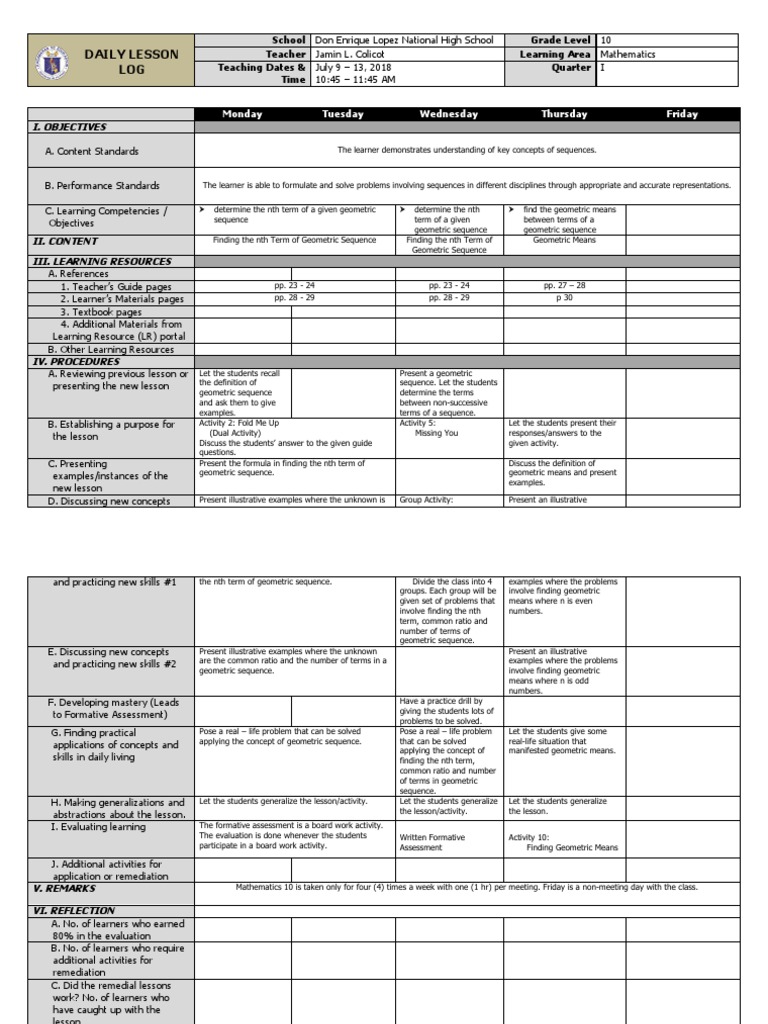 Grade 10 Geometric Sequence Plan | PDF | Geometry | Learning