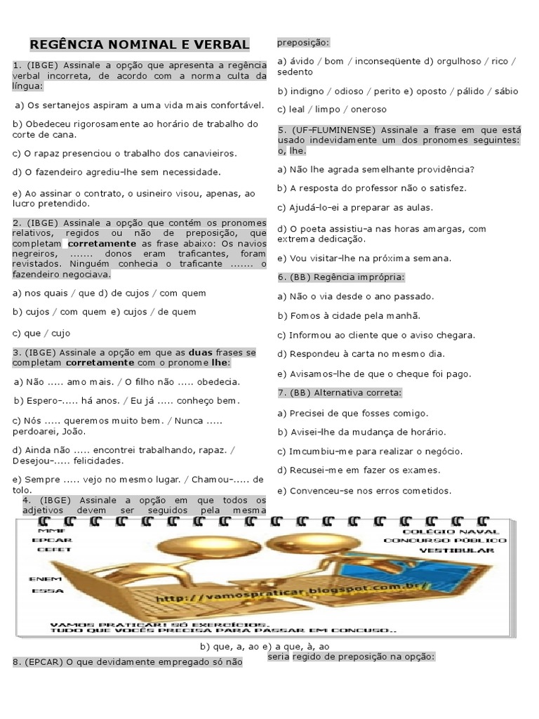 100 Exercícios de Regência Verbal e Nominal | PDF | Pronome