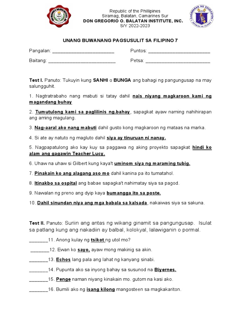 Filipino 7 Test Paper | PDF