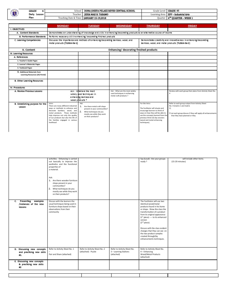Monday Tuesday Wednesday Thursday Friday II. Content Enhancing