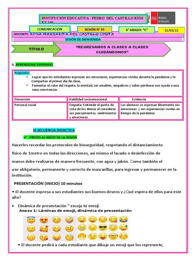 Minedu Sesión de Aprendizaje Primer Dia de Clases para El Nivel ...