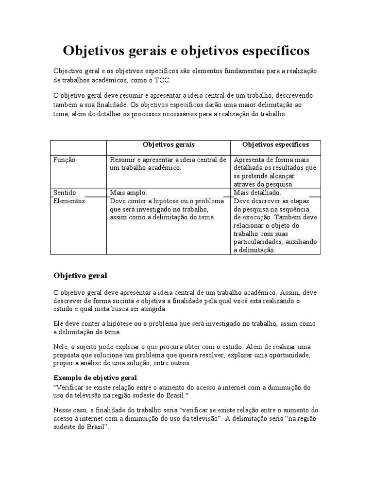 Objetivos Gerais e Objetivos Específicos de Pesquisa | PDF