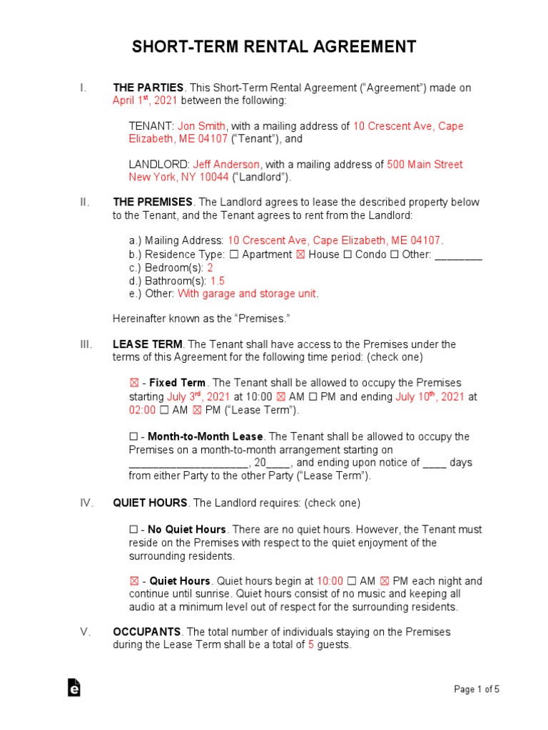 Sample Short Term Vacation Lease Agreement PDF Leasehold Estate