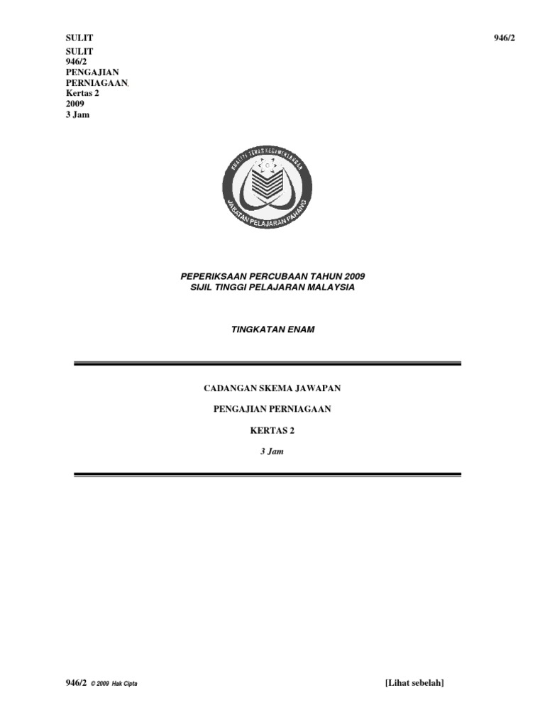 Skema Percubaan Pahang 2009 Stpm Pengajian Perniagaan K2 Pdf