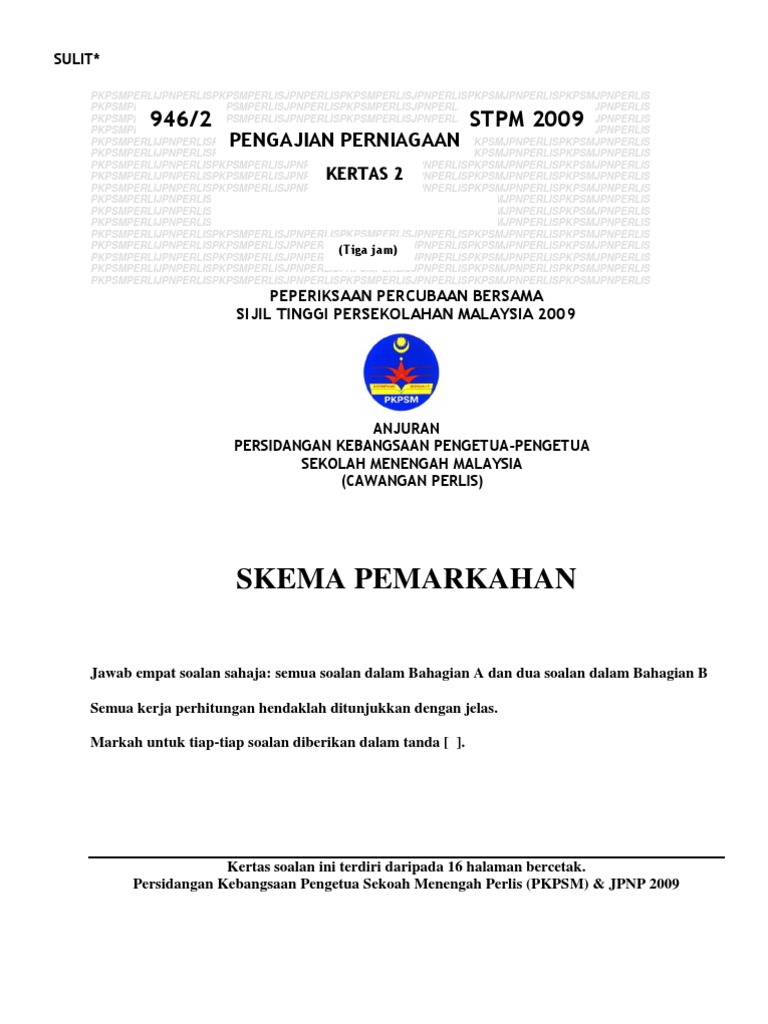 Skema Percubaan Perlis 2009 Stpm Pengajian Perniagaan K2 Pdf