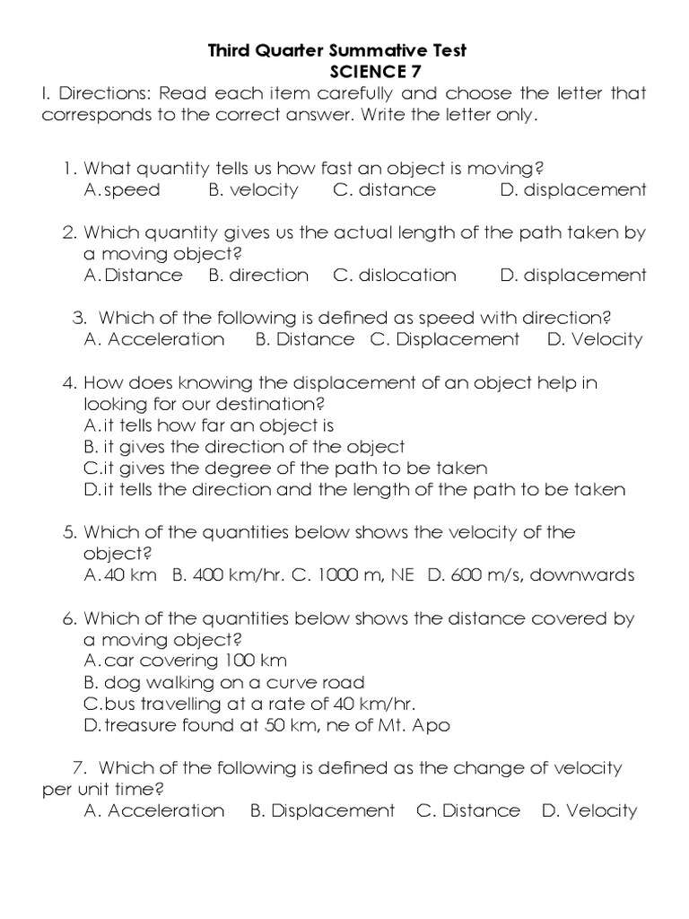 Third Quarter Summative Test Science 7 | PDF