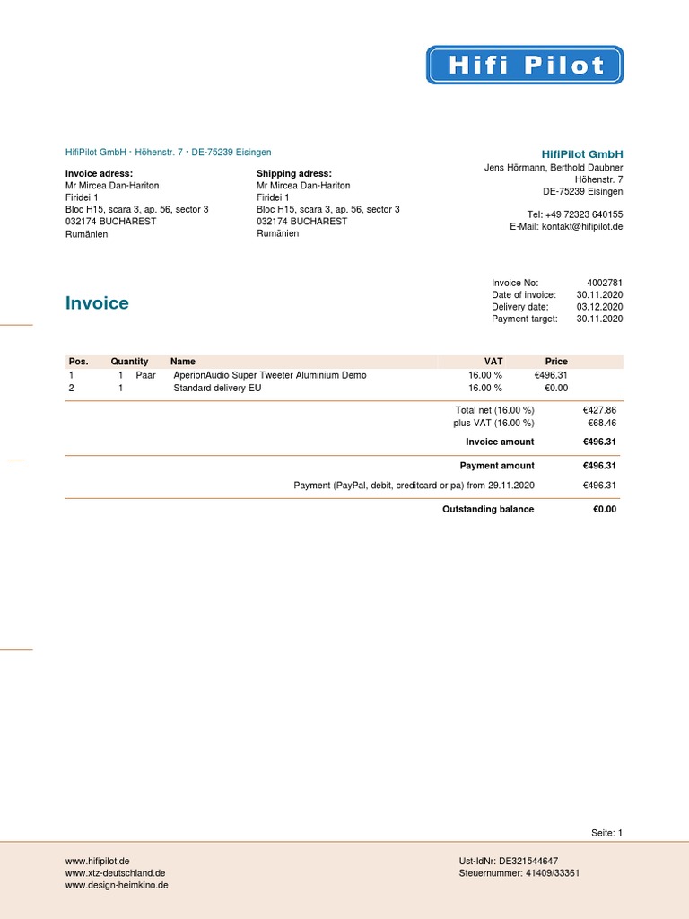 HifiPilot Invoice for Audio Equipment | PDF | Invoice | Payments