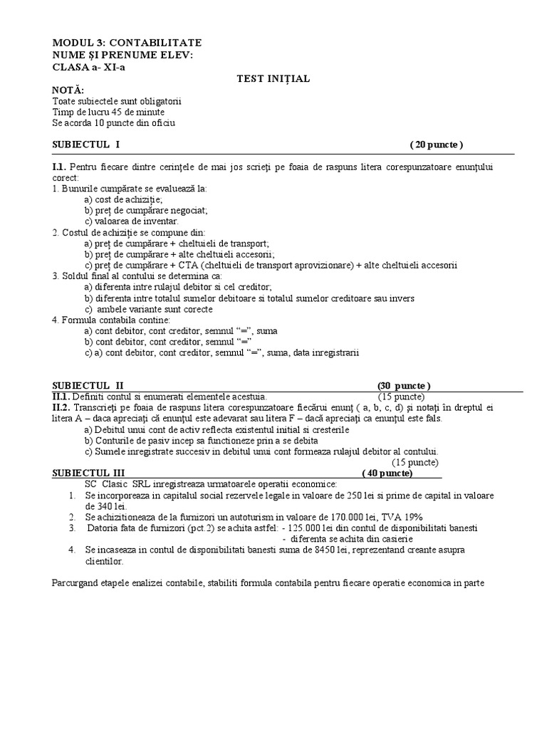 Test - Initial - Clasa - Xi Contabilitate | PDF