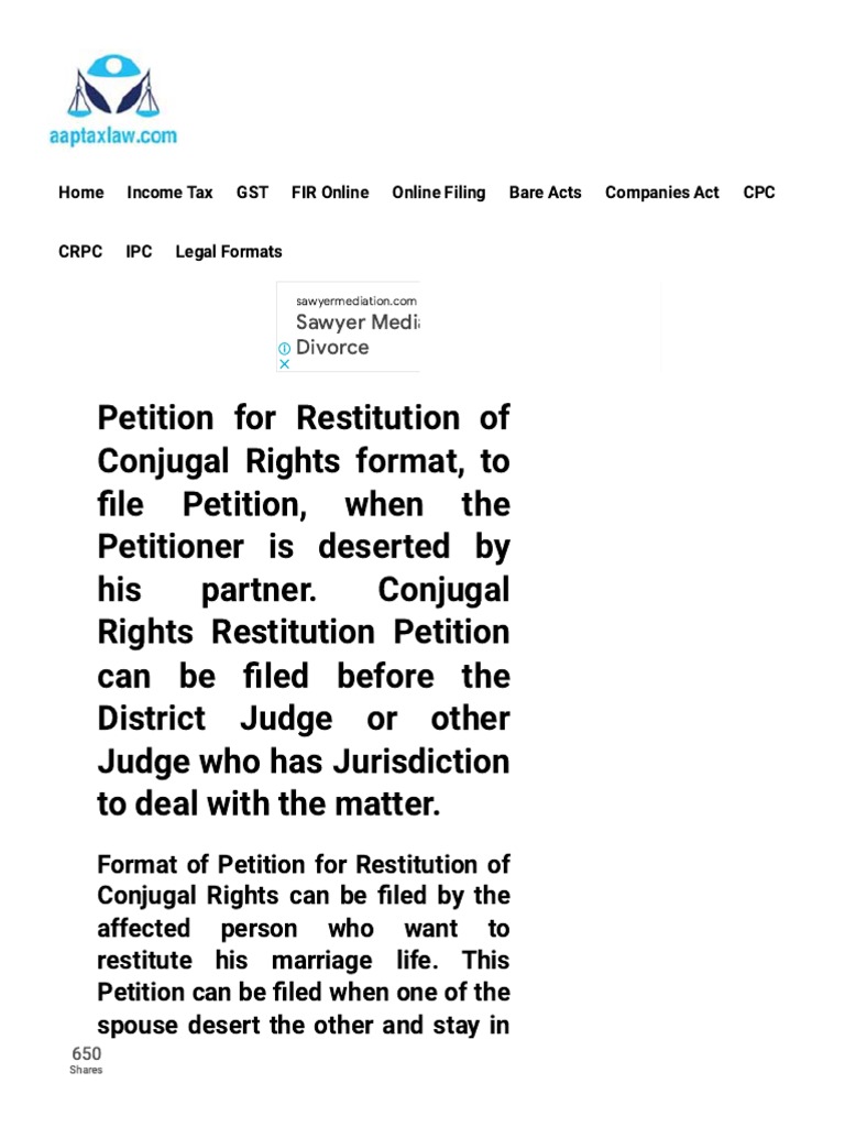 Petition For Restitution of Conjugal Rights To Be Filed in Civil Court Under CPC Format