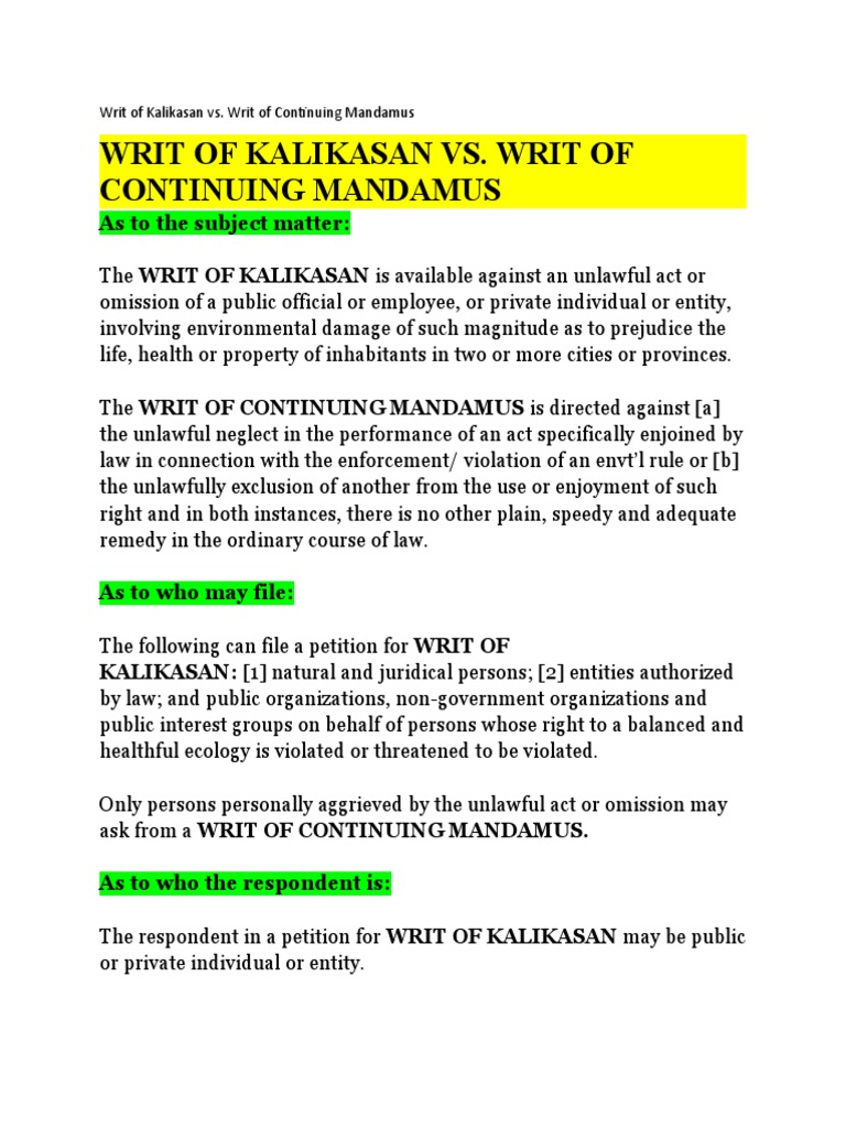 Comparing the writ of kalikasan and the writ of continuing mandamus