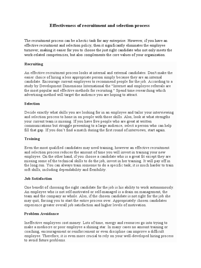 Effectiveness of Recruitment and Selection Process | PDF