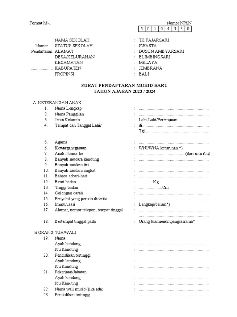 Formulir Pendaftaran Siswa Baru Pdf