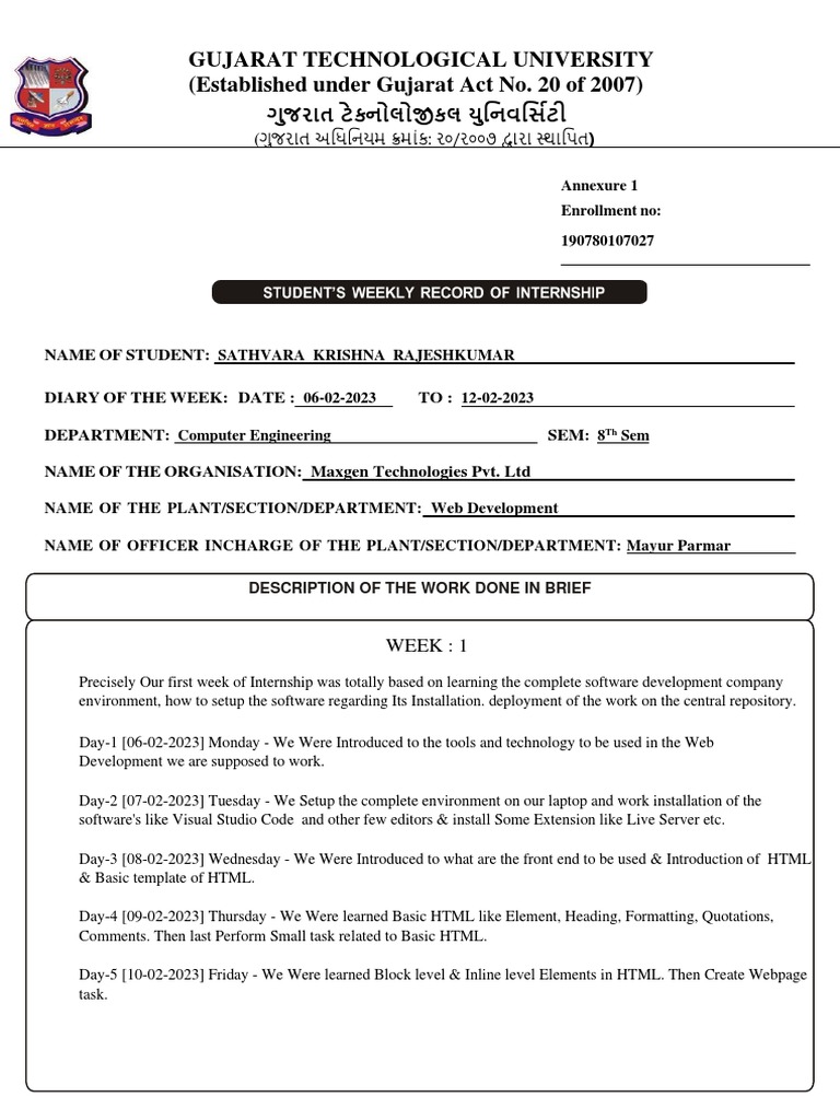 GTU Weekly Internship Report Format | PDF | Html | World Wide Web