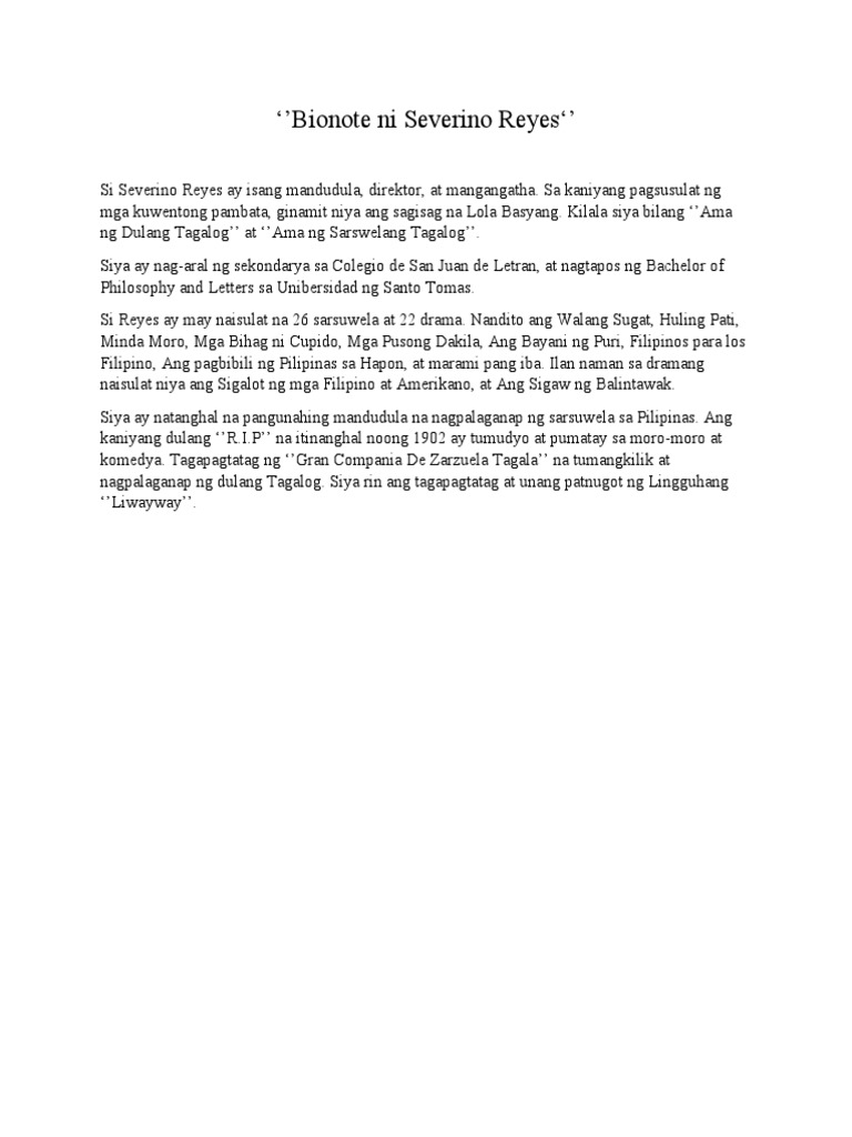 Bionote Ni Severino Reyes PDF