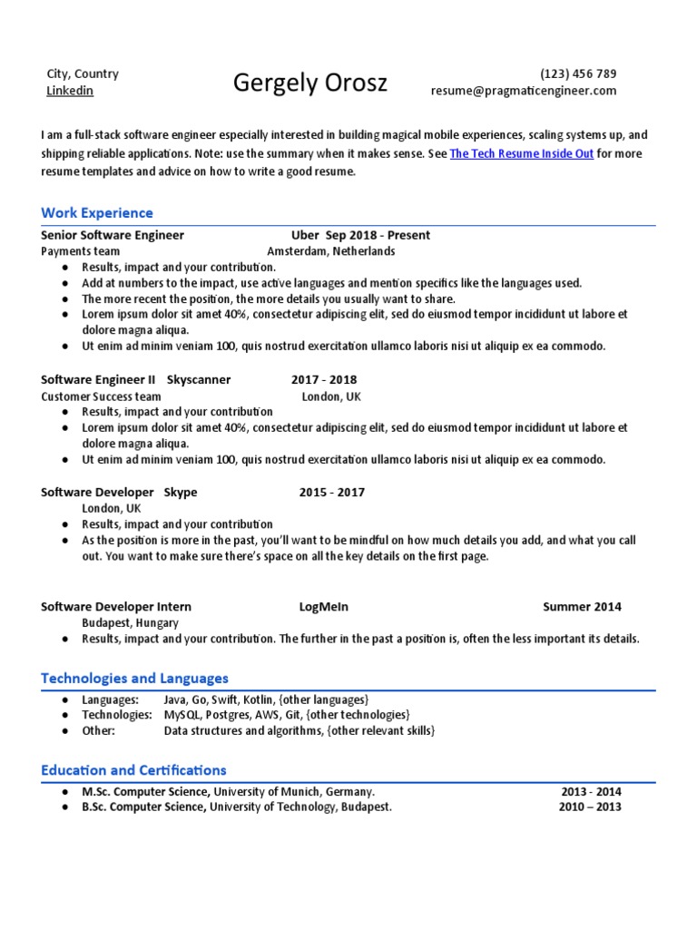 The Pragmatic Engineers Resume Template PDF Experience Computing