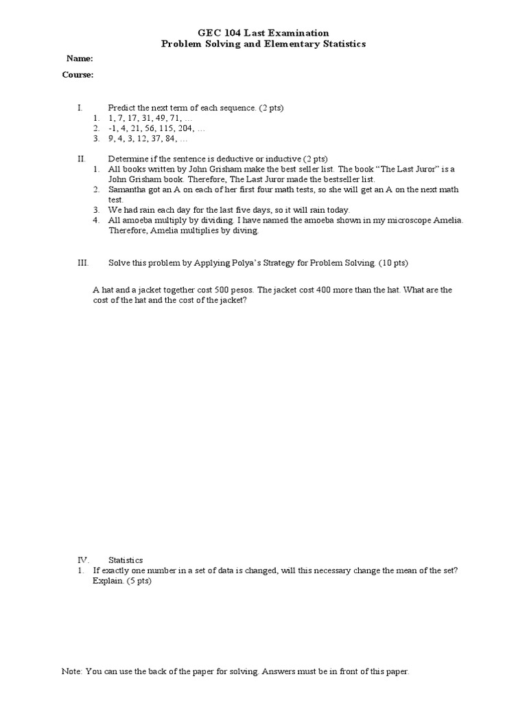 GEC 104 Last Examination Problem Solving and Elementary Statistics ...