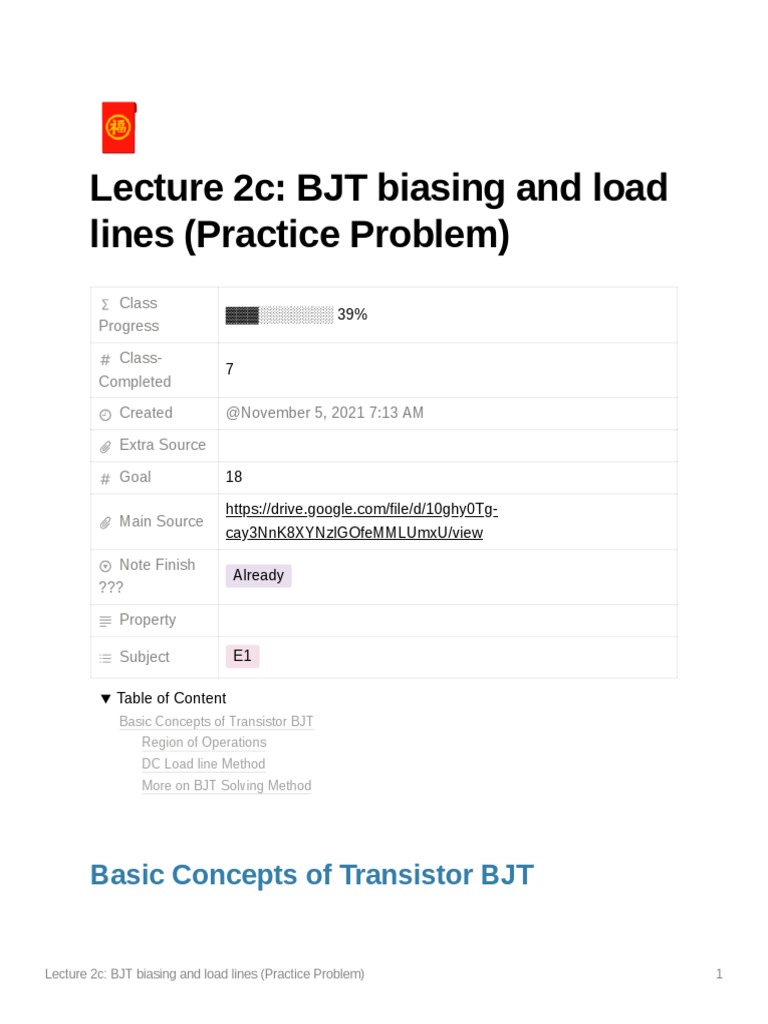 Lecture 2c BJT Biasing and Load Lines (Practice Problem) PDF Bipolar Junction Transistor