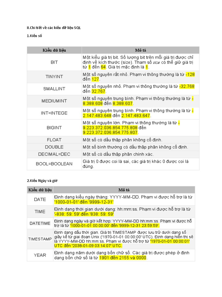 Các kiểu dữ liệu trong Sql | PDF