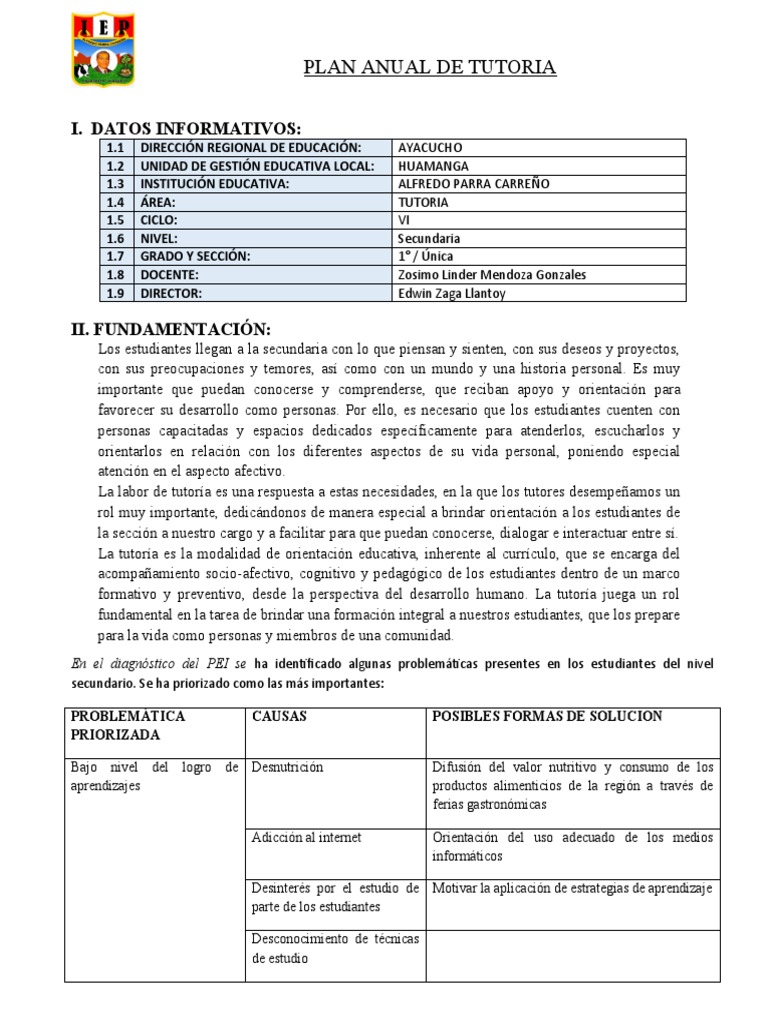 Plan Anual de Tutoría Secundaria 2023 | PDF | Aprendizaje | La ...