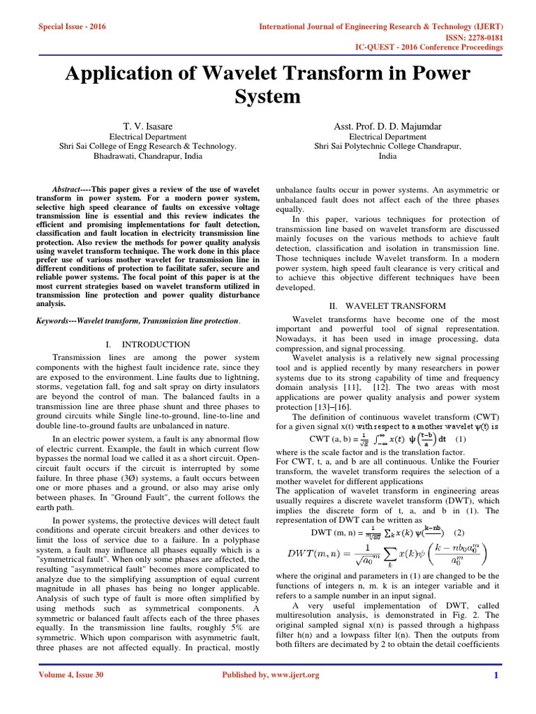 Application of Wavelet Transform in Power System IJERTCONV4IS30055 ...