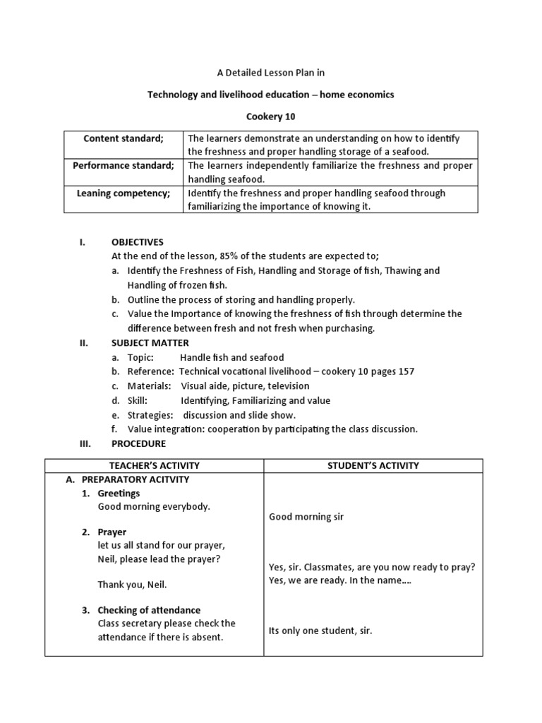 A Detailed Lesson Plan in Cookery 10 | PDF