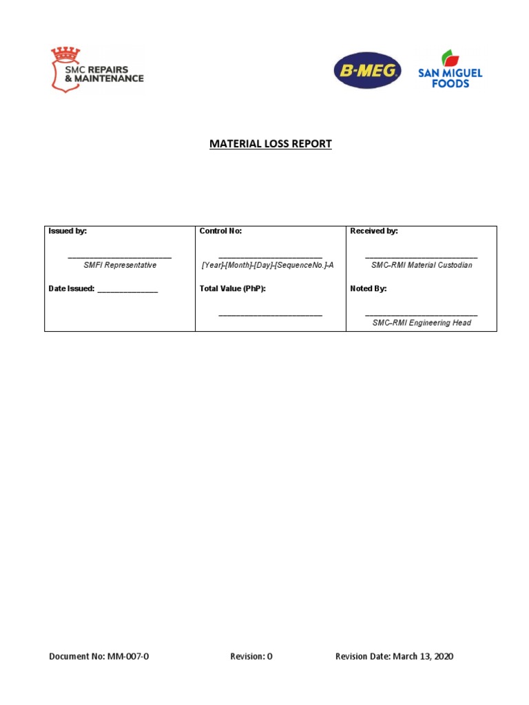 MM-007-0 Material Loss Report | PDF