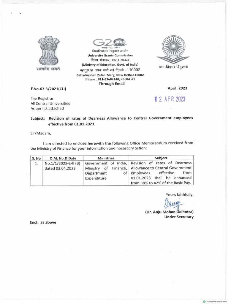UGC Letter - Revision of Rate of DA To Central Govt Employees | PDF