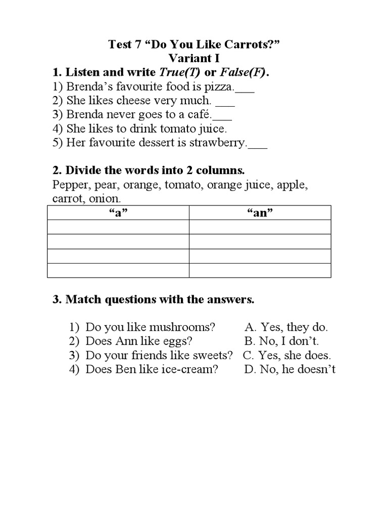 Test 7 Do You Like Carrots PDF Lunch Meal
