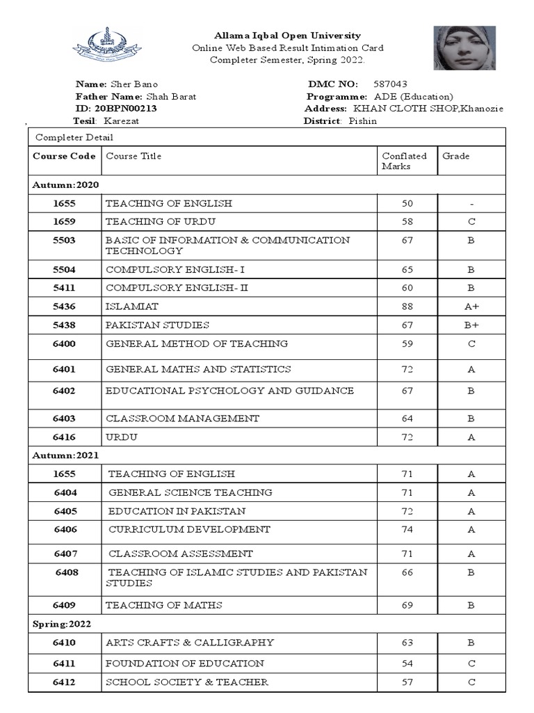 Web based result intimation card aiou spring 2022 pdf