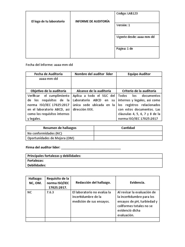 FORMATO PARA EL INFORME DE AUDITORIA | PDF | Auditoría | Contabilidad