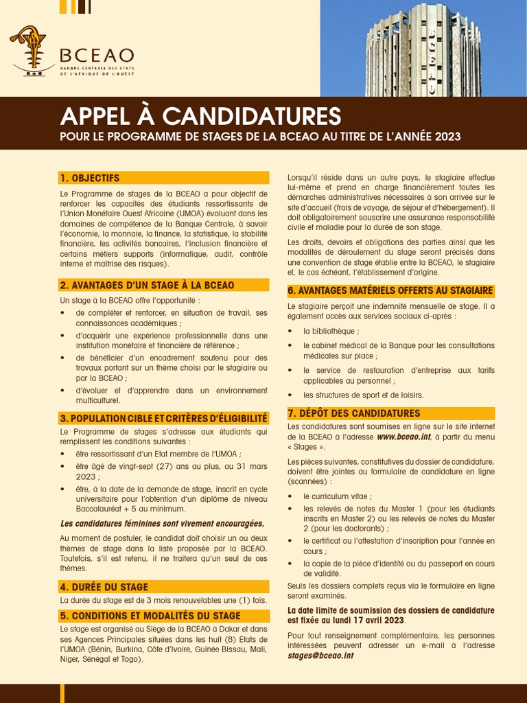 Appel à Candidatures pour Stages BCEAO 2023 | PDF | Banques | Argent