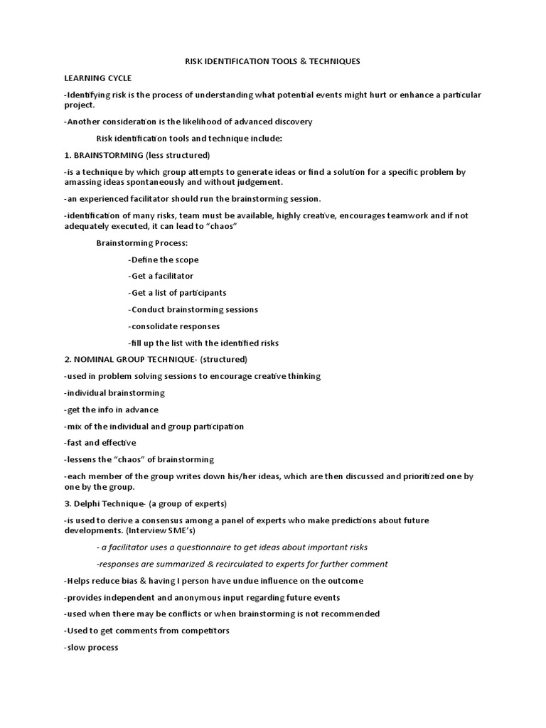 Risk Identification Tools & Techniques | PDF | Brainstorming | Risk