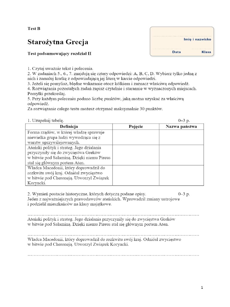 Starożytna Grecja Sprawdzian Klasa 5 Gwo Test B Starozytna Grecja | PDF