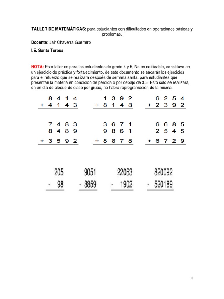Taller de Matemáticas: Operaciones Básicas | PDF