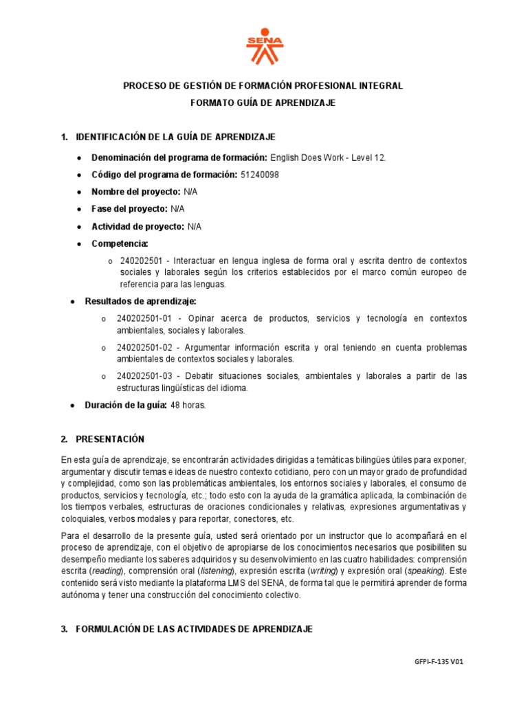 Guia - Aprendizaje - 1 ENGLISH DOES WORK LEVEL 12 SENA | PDF | Aprendizaje | Ciencia cognitiva