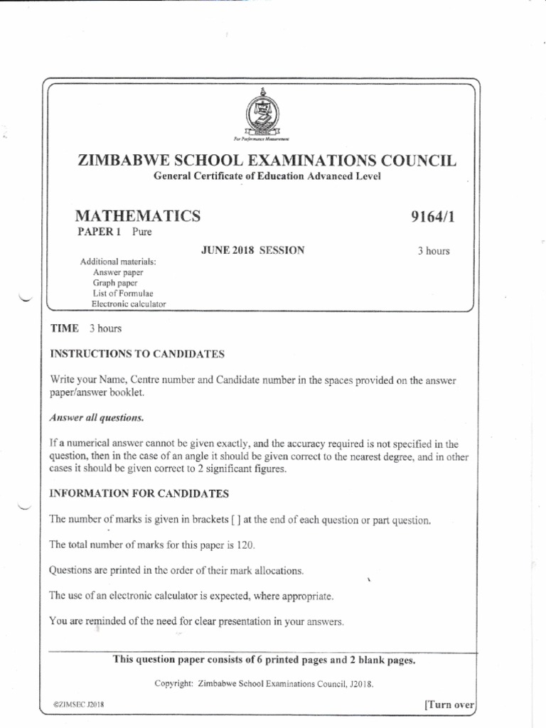 Zimsec 2018 june paper 1 pdf equations curve