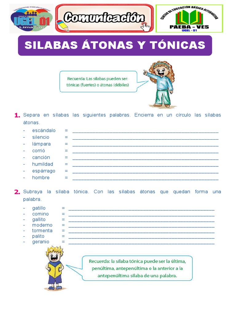 Ejercicios de sílabas tónicas y átonas | PDF
