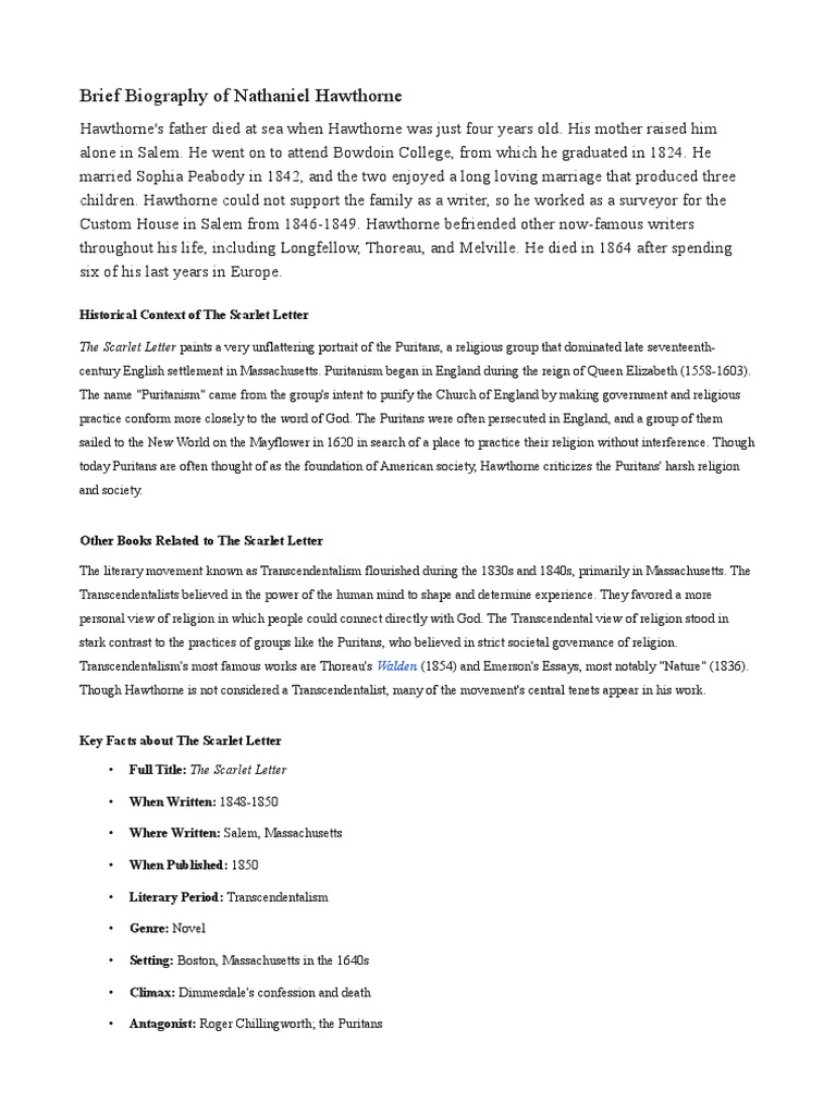 Brief biography of nathaniel hawthorne historical context of the