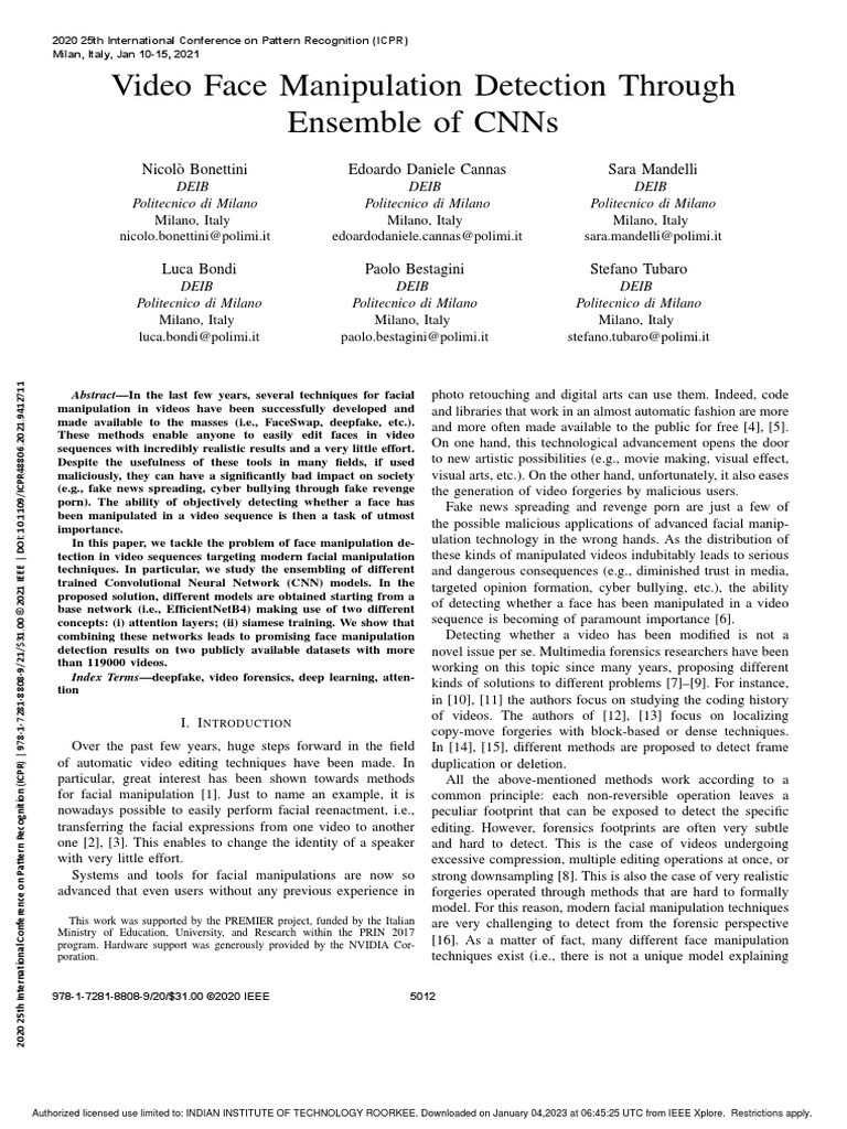 Video Face Manipulation Detection Through Ensemble of CNNs | PDF | Art