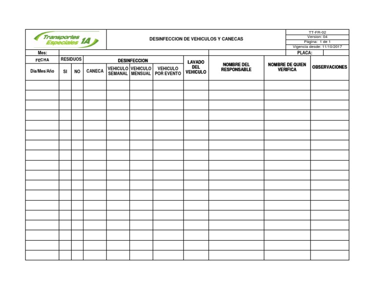 TTFR02 Formato de Desinfeccion de Vehiculos