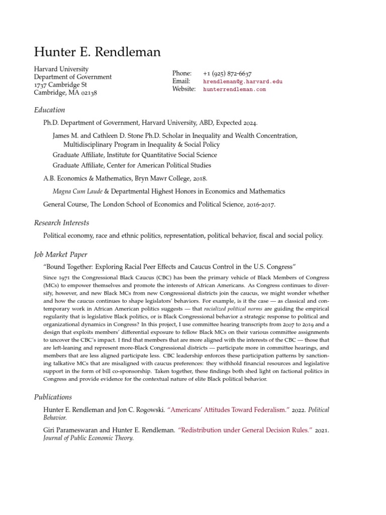 Rendleman CV | PDF | United States Congress | American Government