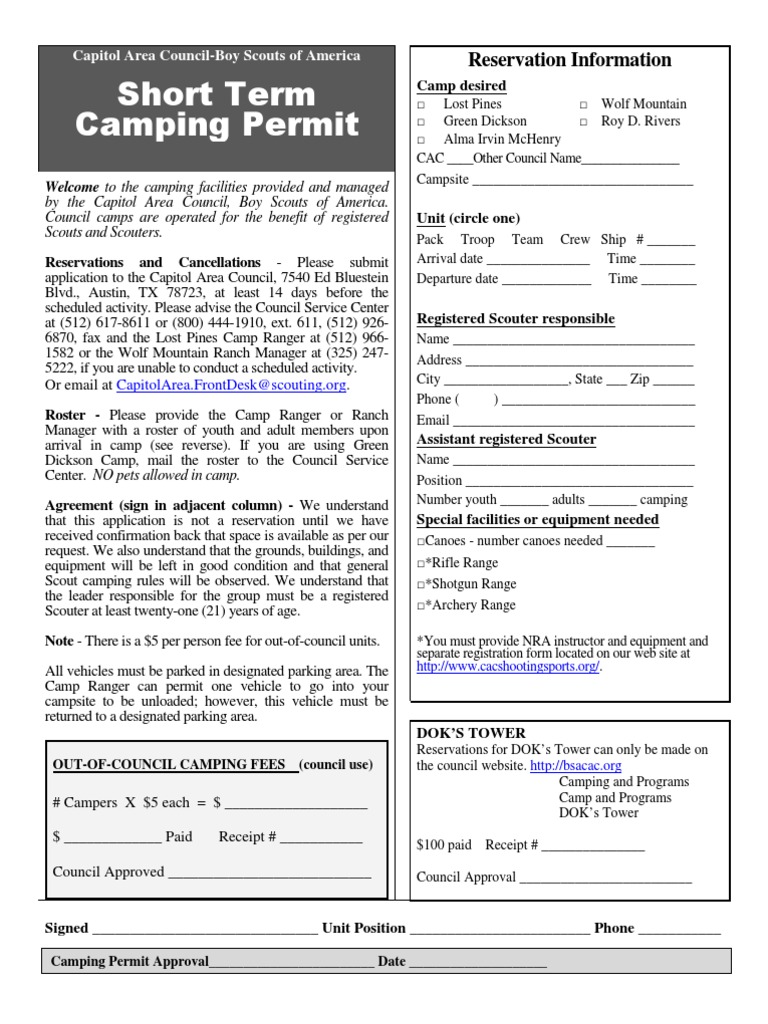 Short Term Camping Permit Application | PDF | Camping | Youth Organizations