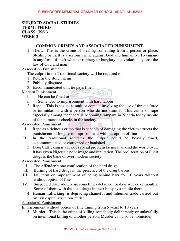 Subject Social Studies Term Third Class Jss 3 Week 2 Common Crimes