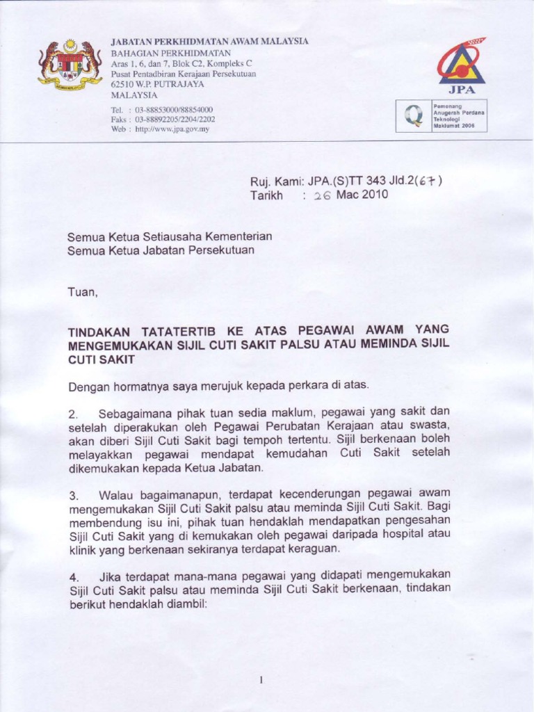 Tindakan Tatatertib Ke Atas Pegawai Awam Yang Mengemukakan Sijil Cuti Sakit Palsu Pdf