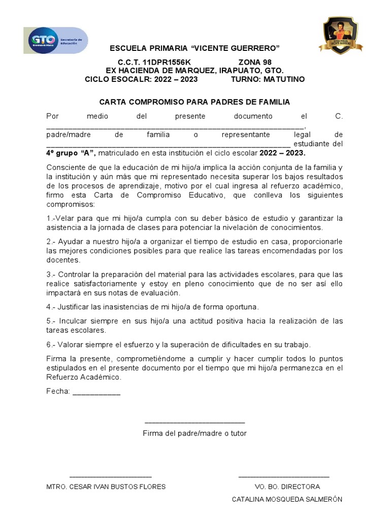 Carta Compromiso para Padres de Familia | PDF | Crecimiento personal y ...