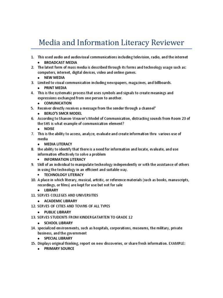 Media and Information Literacy Reviewer | PDF | Libraries | Mass Media