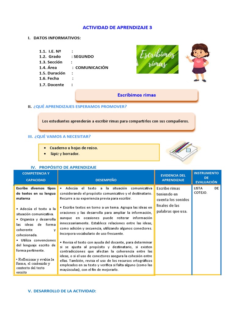 D3 A2 Sesion Com Escribimos Rimas Pdf Evaluación Aprendizaje