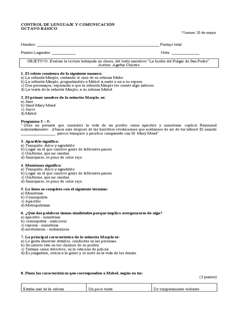 Octavo Básico Guía 3 CONTROL | PDF