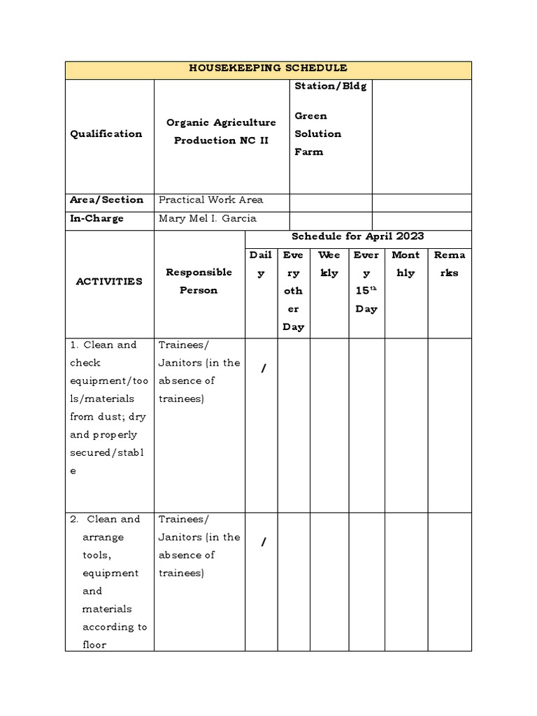 Task 10 HOUSEKEEPING SCHEDULE PDF Building Engineering