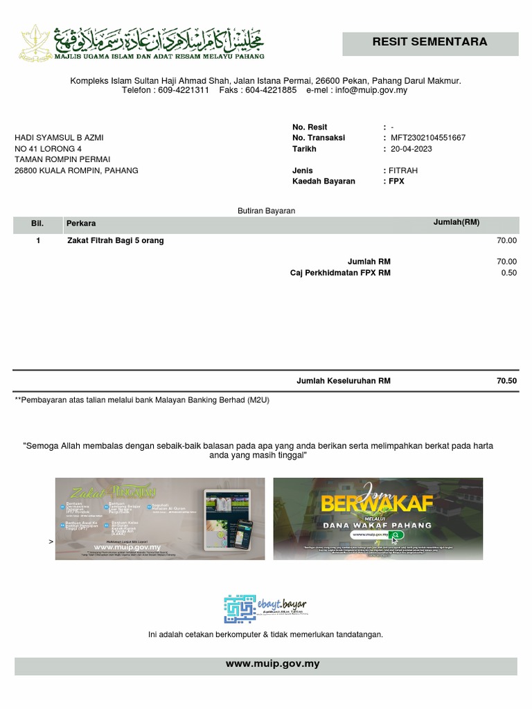 Resit Sementara: No. Resit: - No. Transaksi: MFT2302104551667 Tarikh ...